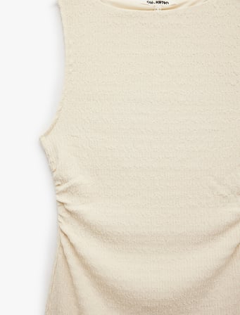 Bürümcük Kumaş Slim Fit Kolsuz Dik Yaka Drapeli Midi Elbise