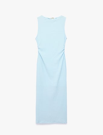 Bürümcük Kumaş Slim Fit Kolsuz Dik Yaka Drapeli Midi Elbise