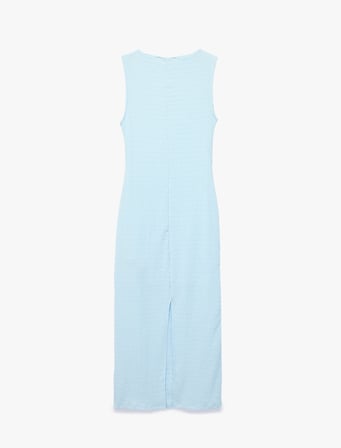 Bürümcük Kumaş Slim Fit Kolsuz Dik Yaka Drapeli Midi Elbise