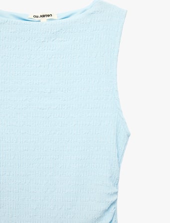 Bürümcük Kumaş Slim Fit Kolsuz Dik Yaka Drapeli Midi Elbise