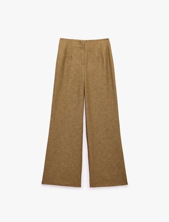 Yüksek Bel Keten Görünümlü Geniş Paça Pantolon