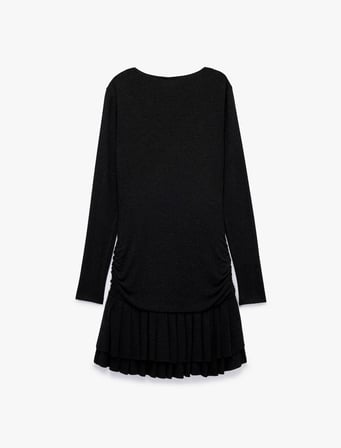 Slim Fit Bisiklet Yaka Uzun Kollu Büzgülü Pileli Parıltılı Mini Elbise