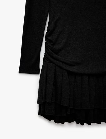 Slim Fit Bisiklet Yaka Uzun Kollu Büzgülü Pileli Parıltılı Mini Elbise