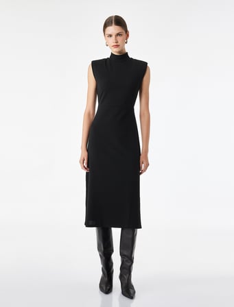 Krep Scuba Kumaş Slim Fit Kolsuz Dik Yaka Midi Elbise