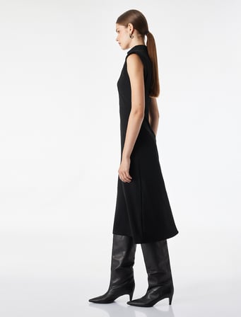 Krep Scuba Kumaş Slim Fit Kolsuz Dik Yaka Midi Elbise