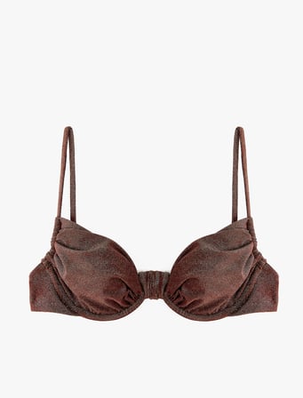 Balenli Büzgülü Kalp Yaka Ayarlanabilir Askılı Parlak Bikini Üstü