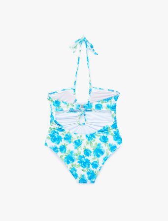 Pencere Detaylı Çiçek Desenli Halter Yaka Mayo
