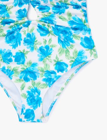 Pencere Detaylı Çiçek Desenli Halter Yaka Mayo