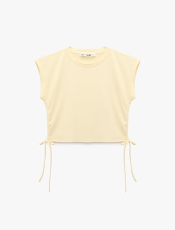 Pamuklu Kolsuz Bisiklet Yaka Büzgülü Crop Bluz