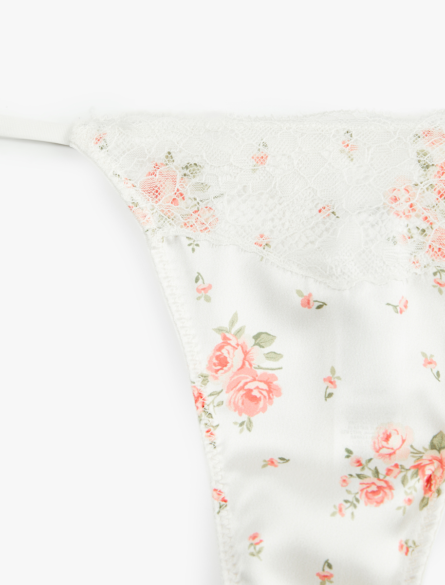 Çiçek Desenli Dantel Detaylı Saten String Külot