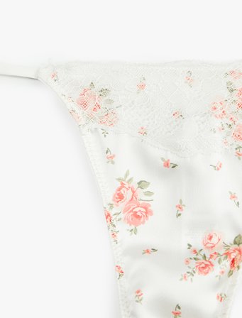 Çiçek Desenli Dantel Detaylı Saten String Külot