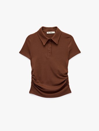 Modal Kumaş Düğmeli Kısa Kollu Drapeli Polo Yaka Tişört