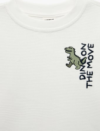Pamuklu Uzun Kollu Bisiklet Yaka Dinozor Nakışlı Oversize Tişört