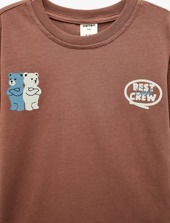 Ayıcık Nakışlı Uzun Kollu Bisiklet Yaka Pamuklu Oversize Tişört