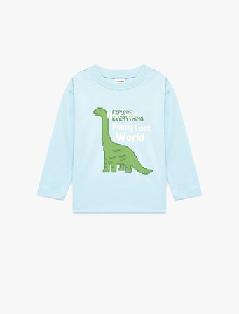 Uzun Kollu Bisiklet Yaka Dinozor Baskılı Pamuklu Tişört