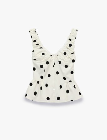Koton X Sibil Çetinkaya - V Yaka Kolsuz Fırfırlı Peplum Kesim Puantiyeli Poplin Bluz