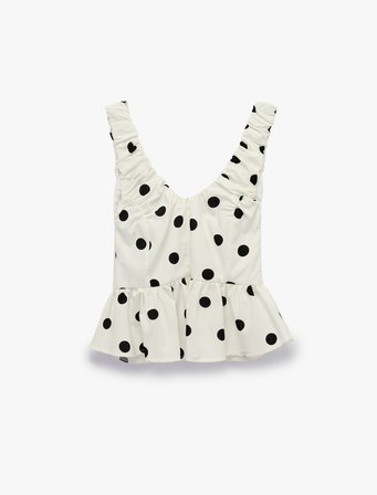 Koton X Sibil Çetinkaya - V Yaka Kolsuz Fırfırlı Peplum Kesim Puantiyeli Poplin Bluz