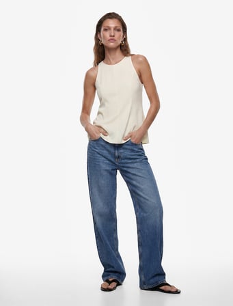 Keten Karışımlı Kolsuz Bisiklet Yaka Peplum Top