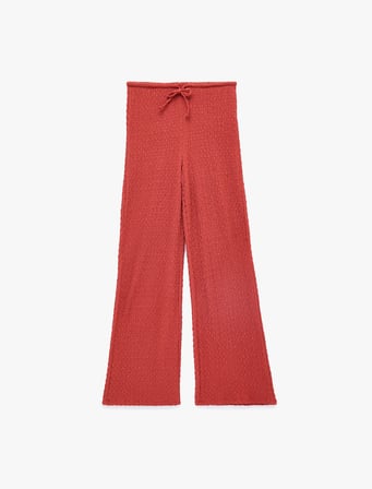 Koton X Melis Ağazat - Bürümcük Kumaş Beli Bağcıklı Düz Bol Paça Pantolon