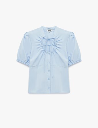 Koton X Sibil Çetinkaya - Pamuklu Slim Fit Kısa Kollu Büzgülü Yaka Poplin Gömlek