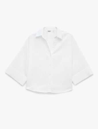 Oversize Klasik Yaka 3/4 Kollu Keten Karışımlı Gömlek
