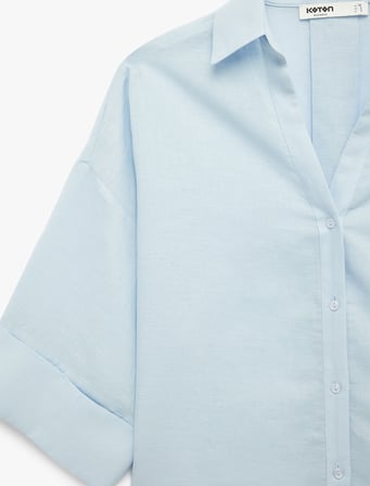 Oversize Klasik Yaka 3/4 Kollu Keten Karışımlı Gömlek