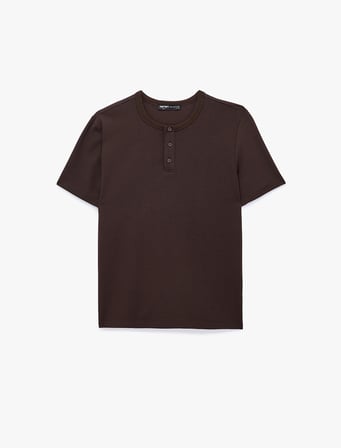 Regular Fit Waffle Dokulu Kısa Kollu Düğmeli Henley Yaka Tişört