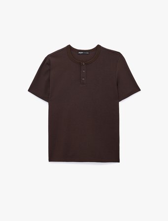 Regular Fit Waffle Dokulu Kısa Kollu Düğmeli Henley Yaka Tişört