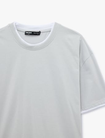Pamuklu Kısa Kollu Kumaş Detaylı Bisiklet Yaka Oversize Tişört
