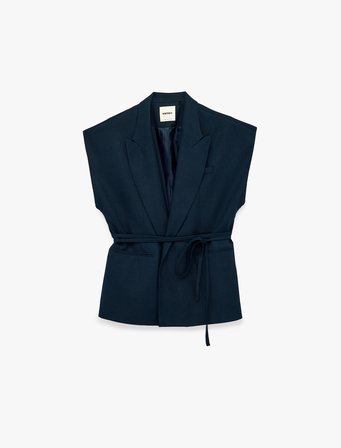 Keten Görünümlü Bağlama Detaylı Cepli Kolsuz Blazer Yelek