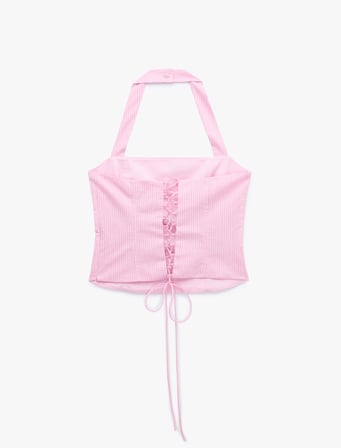 Koton X Sibil Çetinkaya - Pamuklu Slim Fit Çizgili Halter Yaka Korse Büstiyer