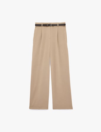 Keten Görünümlü Straight Fit Cepli Kemerli Geniş Paça Palazzo Pantolon