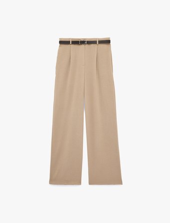 Keten Görünümlü Straight Fit Cepli Kemerli Geniş Paça Palazzo Pantolon