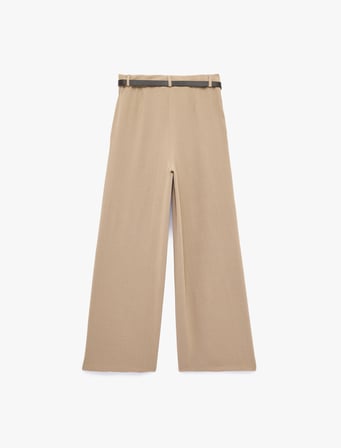Keten Görünümlü Straight Fit Cepli Kemerli Geniş Paça Palazzo Pantolon
