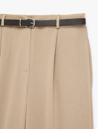Keten Görünümlü Straight Fit Cepli Kemerli Geniş Paça Palazzo Pantolon