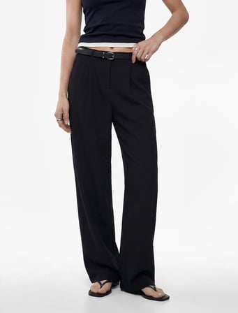 Keten Görünümlü Straight Fit Cepli Kemerli Geniş Paça Palazzo Pantolon