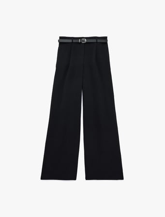 Keten Görünümlü Straight Fit Cepli Kemerli Geniş Paça Palazzo Pantolon