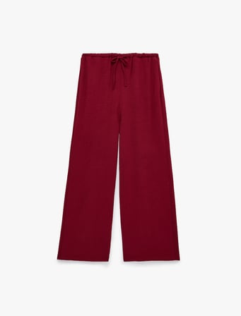 Keten Görünümlü Beli Bağcıklı Cepli Düz Geniş Paça Pantolon