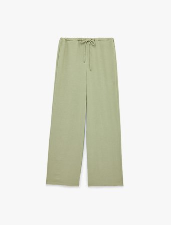 Keten Görünümlü Beli Bağcıklı Cepli Düz Geniş Paça Pantolon