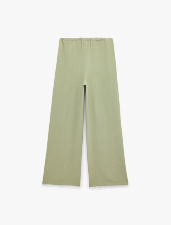 Keten Görünümlü Beli Bağcıklı Cepli Düz Geniş Paça Pantolon