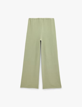 Keten Görünümlü Beli Bağcıklı Cepli Düz Geniş Paça Pantolon