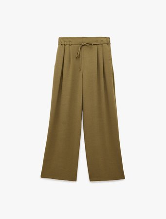 Straight Fit Pileli Kemerli Geniş Paça Pantolon