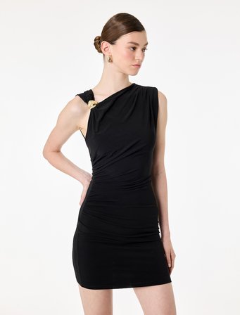 Slim Fit Kolsuz Bisiklet Yaka Metal Aksesuarlı Mini Elbise