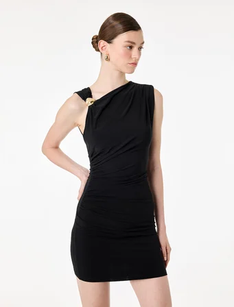 Slim Fit Kolsuz Bisiklet Yaka Metal Aksesuarlı Mini Elbise