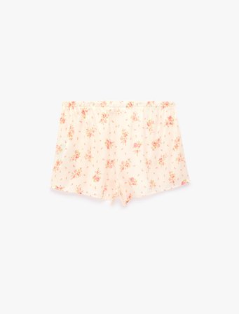 Beli Lastikli Rahat Kalıp Çiçek Desenli Saten Şort Pijama Altı