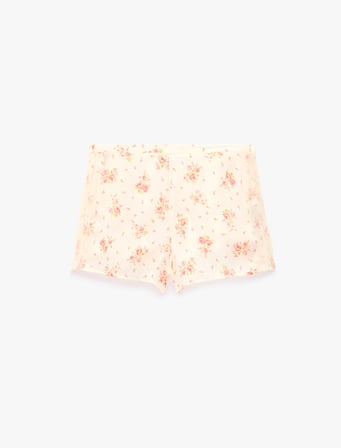 Beli Lastikli Rahat Kalıp Çiçek Desenli Saten Şort Pijama Altı