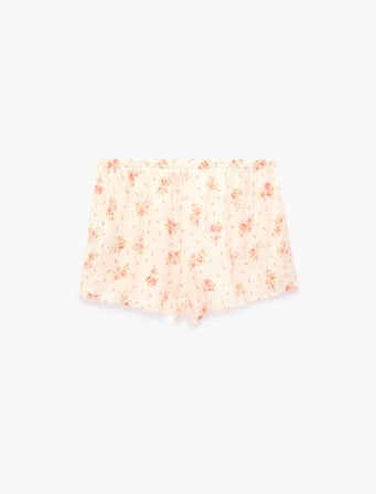Beli Lastikli Rahat Kalıp Çiçek Desenli Saten Şort Pijama Altı