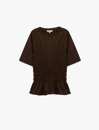 Pamuklu Slim Fit Bisiklet Yaka Kısa Kollu Bel Vurgulu Büzgülü Tişört