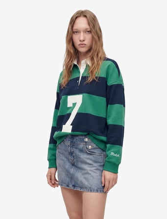 Rahat Kalıp Şardonlu Uzun Kollu Baskılı Çizgili Polo Yaka Sweatshirt