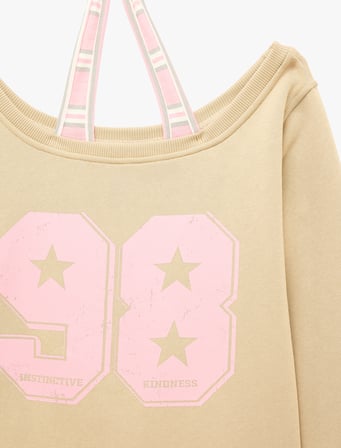 Şardonlu Rahat Kalıp Kayık Yaka Uzun Kollu Katmanlı Baskılı Sweatshirt